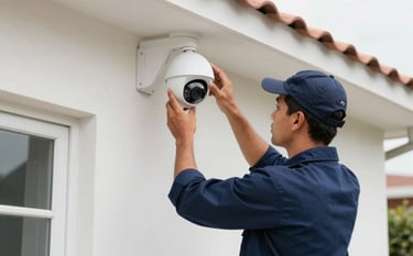 Professional South American / Brazilian technician in a navy blue uniform installing a white dome security camera on a clean residential exterior wall. Bright daylight, focused composition, highlighting the security service.