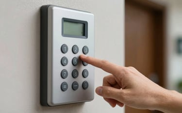 Close-up of a hand pressing a button on a modern intercom system at the entrance of a contemporary Brazilian apartment building. Secure and professional atmosphere.