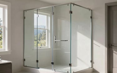 A high-end, frameless custom glass shower enclosure in a modern North American &amp;#x2F; US - Pacific Northwest home. The bathroom features soft off-white tiling and light gray accents, with natural morning light reflecting off the clear, polished glass surfaces, emphasizing cleanliness and craftsmanship.