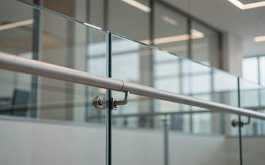 A close-up of a high-end architectural glass railing inside a modern North American &amp;#x2F; US - Pacific Northwest office building. The glass is flawlessly clear with light gray steel supports, showing subtle reflections of a professional interior environment.