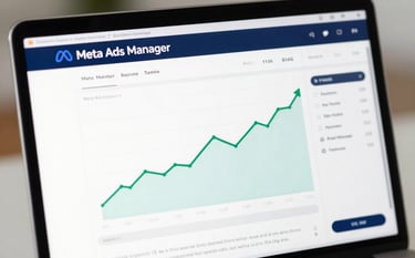 A clean, modern close-up of a high-resolution laptop screen displaying a Meta Ads Manager dashboard with rising green trend lines and data points. The lighting is crisp and professional. The color palette features deep blues (#0A111F) and soft greys (#B0BACF), reflecting a data-driven environment.
