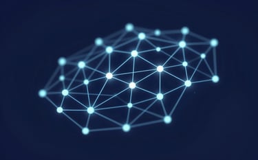 A conceptual, high-contrast image of a digital web or network connecting various data points, symbolizing a full-funnel marketing strategy. The background is a sophisticated dark blue (#0A111F) with glowing accents in light blue (#B0BACF).