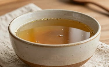 A beautifully crafted ceramic soup bowl with rustic speckled textures, filled with warm broth on a natural linen cloth in a cozy, sunlit kitchen. Authentic North American / US home. Warm medium brown and soft cream tones, reflecting rustic artisanal charm and professional food photography.