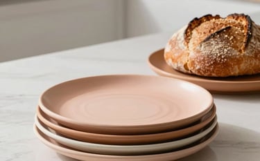 A stack of elegant, hand-thrown stoneware plates in muted terracotta and soft peach, next to fresh artisanal bread in a bright, modern clean kitchen counter. Soft natural shadows, North American / US home style, editorial lifestyle photography.