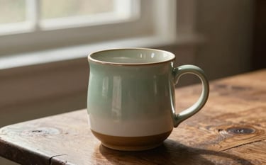 An earthy hand-thrown ceramic mug sitting on a rustic wooden table near a window with soft morning light, reflecting a warm, tranquil atmosphere of slow living. Pacific Northwest home in a North American / US setting. The color palette features soft sage green, warm cream, and dark brown accents. Professional warm lifestyle photography.
