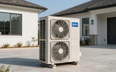 A brand new, high-efficiency central air conditioning unit professionally installed on a clean concrete pad beside a modern North American residence. Bright afternoon light, clear blue sky.