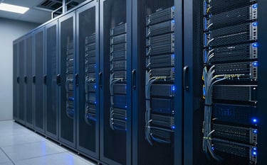 A secure, high-tech server room with deep slate blue server racks and muted steel blue-grey cabling. The atmosphere is professional and innovative, with subtle blue status lights reflecting on the polished floor.