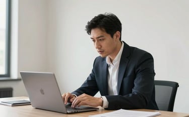 A professional IT consultant in a dark charcoal navy suit discussing strategy in a bright, modern office with crisp off-white walls. Soft daylight illuminates the scene as they look at a modern laptop together.