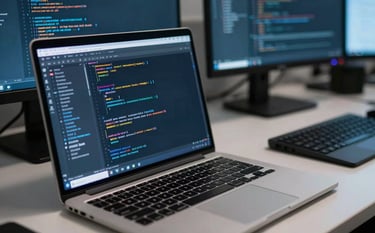 A close-up photograph of a professional workspace featuring a high-end laptop with lines of software code, illuminated by the cool glow of monitors in a clean office with muted steel blue-grey accents.