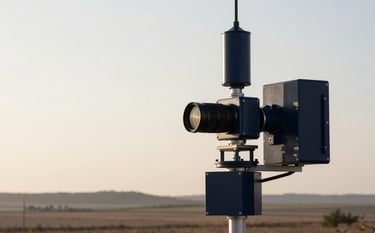 A high-precision environmental monitoring station set against a vast, clean landscape. The equipment is modern and technical, with dark navy metallic finishes. The lighting is natural morning sun, emphasizing professional precision and the off-white tones of the horizon.