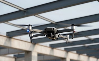 A professional wide-angle shot of a construction site with a high-end survey drone hovering in the foreground. The lighting is bright and clear. The background features geometric steel beams and concrete structures in shades of dark navy and off-white, with electric blue accents in the drone's LED lights.