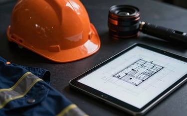 An elegant, technical close-up of high-visibility safety gear and a digital tablet showing architectural blueprints. The composition is clean and modern, featuring deep navy shadows and bright orange highlights from the safety equipment, illuminated by sharp studio lighting.