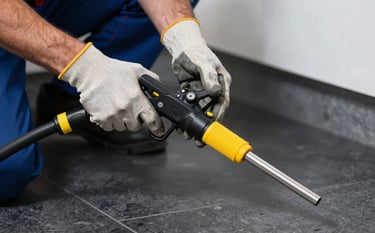 A close-up action shot of a professional plumber using high-pressure declogging equipment in a kitchen. The plumber wears protective gloves, and the tools feature deep service yellow accents against a dark charcoal floor. Sharp focus, professional lighting.
