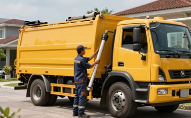 A professional service technician in a clean uniform operating a large septic siphoning truck. The scene is set in a residential area in the Philippines, with the deep service yellow truck prominently displayed. Bright, clear daylight photography emphasizing cleanliness and reliability.