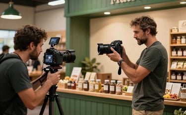 Behind-the-scenes photography of a digital marketer in a North American artisanal food market, using a high-end camera to film a local farmer. The scene is lit with warm, cozy light and features matte forest green and crisp parchment tones in the background architecture.