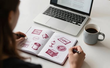 An over-the-shoulder shot of a digital strategy session. A clean desk with a laptop, a sketchbook with branding ideas in deep ripe crimson ink, and a ceramic mug on a crisp parchment surface. Western European style aesthetic with warm, inviting lighting.