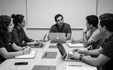 A collaborative meeting room in Latin America where researchers discuss information. The composition focuses on a modern table with notebooks and professional devices, in a clean, high-contrast black and white photography style.