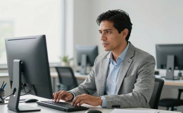 A Latin American academic researcher in a bright, modern office, looking focused while working on a computer. The background shows a clean, professional space with soft natural lighting and a minimalist aesthetic using light gray and white tones.