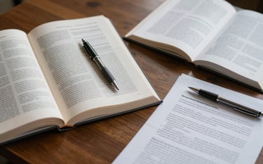 A close-up of a wooden desk in a Latin American university library, featuring open academic journals, a classic pen, and professional documents. The atmosphere is quiet and studious, with soft shadows and dark gray accents.