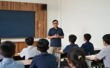 A Southeast Asian / Indonesian Christian educator teaching a small, engaged group of students in a modern classroom at STTII Samarinda. The atmosphere is professional and inspiring, featuring wood textures and accents of dark navy blue and cool off-white.
