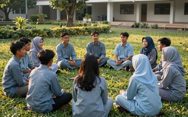 A group of Southeast Asian / Indonesian students at STTII Samarinda sitting in a circle in a green outdoor campus garden, holding a devotional discussion with high integrity and joy. The lighting is warm golden hour, reflecting a spirit of community and faith, with clothing in muted slate blue and soft sky blue.