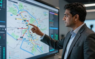 A South Asian / Indian consultant in professional business attire pointing at a logistical map on a digital screen in a high-tech control room. The background shows data streams and route optimizations, emphasizing expert consultation.