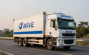A large commercial transport truck moving efficiently along a modern Indian highway. The truck is well-maintained and branded with professional blue accents. The lighting is warm and natural, suggesting a reliable daytime delivery service.