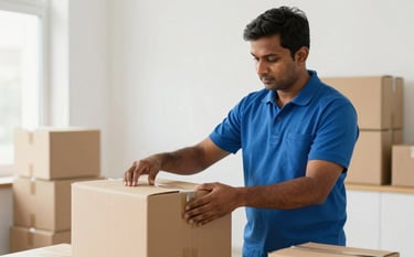 A professional South Asian / Indian logistics worker carefully packing fragile items into a sturdy cardboard box in a bright, modern room. The scene is clean and organized, using soft blue and white tones to convey trust and reliability.