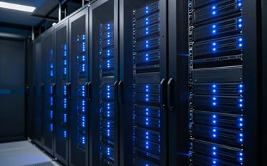 A deep perspective of a high-tech North American server room with glowing blue LED indicators on sleek black cabinets. The lighting is low and dramatic, emphasizing a reliable and secure cloud infrastructure environment with a color scheme of deep blue and dark navy.