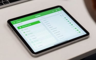 A close-up photograph of a professional tablet on a clean white desk in Colombia, displaying a bright health dashboard with vibrant green accents and patient data.