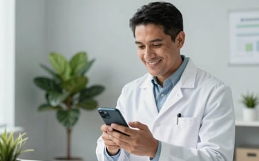 A professional South American / Colombian doctor in a clean white coat, smiling while looking at a modern smartphone in a bright, airy medical office with light gray walls and vibrant green plants.