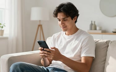A South American / Colombian patient sitting in a brightly lit, clean living room, comfortably holding a phone and using a chat app, with soft sunlight and modern white decor.