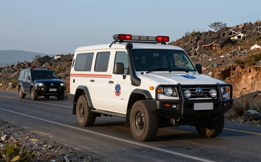 A high-end white 4x4 personnel transport vehicle driving on a well-maintained road through a rugged mining landscape. A security escort vehicle follows closely. Crisp morning light highlights the reliable and professional setup in a Global / Professional context. Colors are navy and muted blue.