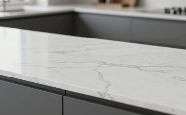 A close-up of a luxurious white quartz surface with delicate grey veins, reflecting soft morning light in a minimalist, modern kitchen environment. The atmosphere is clean and premium, incorporating the brand's #F8F8F8 and #333333 color palette for a sophisticated feel.