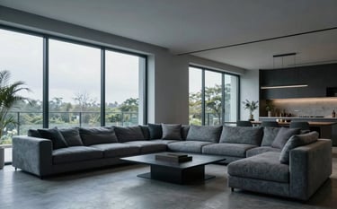 Interior view of a modern living room with large glass windows and minimalist furniture in slate blue-grey and charcoal slate colors. Precise architecture and sharp lighting.