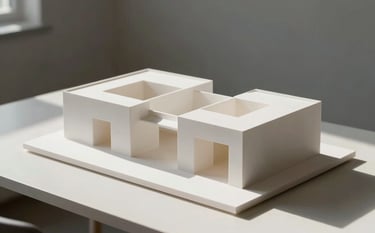 A high-end architectural model made of white materials sitting on a minimalist desk. The scene is bathed in natural morning light, featuring clean lines and a background in mist white and charcoal slate tones.