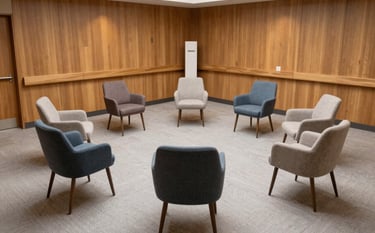 A wide-angle photography shot of a modern community space in a US clinic. Several stylish upholstered chairs are arranged in a circular formation on a light grey carpet, with warm wooden walls and soft ambient lighting, representing a safe and professional environment for group wellness.