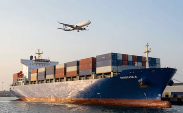 A massive cargo ship docked at a modern port, with a freight airplane flying low in the sky above. The scene is illuminated by the warm light of early morning. The ships and containers feature corporate ocean blue and pale arctic white colors. Set in the industrial area of a West African / Ghanaian port.