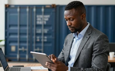 A professional in a modern West African / Ghanaian office environment, wearing corporate attire, reviewing digital logistics documents on a high-end tablet. In the background, a blurred view of shipping containers in deep navy blue. The lighting is bright and professional.