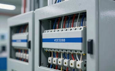 A high-precision view of a Main Distribution Board (MDB) with clean wiring and international standard components. The background is a modern industrial facility with a focus on engineering excellence and structured design. Professional lighting highlights the steel textures and the brand's precision mood, using tones of #2E5D8B and #F0F5F9.