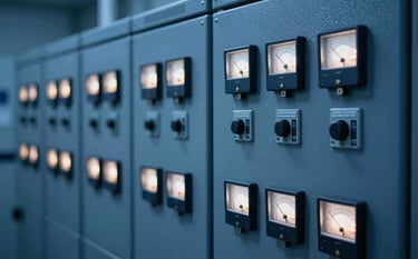 A Motor Control Center (MCC) panel with neatly arranged industrial controllers and bright measurement indicators. The image conveys modern professionalism and technical leadership in switchgear assembly. Deep blues (#0B1A2A) and technical lighting create a sense of unwavering reliability.