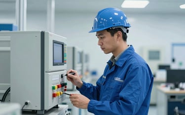 A professional engineer conducting a Factory Acceptance Test (FAT) on an industrial control system. The workshop is clean and modern, emphasizing the engineering expertise of Al Qudrah. Colors include #2E5D8B and #A8C8E4 in a bright, clean composition.