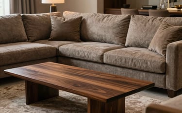Photography of a sophisticated living room in a South American / Brazilian home. Features a designer sofa in muted earthy brown and a wooden coffee table in dark espresso brown. Elegant and inviting atmosphere with soft side lighting.