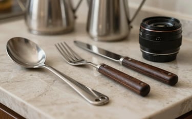 Close-up macro photography of premium kitchen utensils arranged on a light taupe marble countertop in a South American / Brazilian home. Focus on stainless steel and dark espresso brown accents. Refined and trustworthy presentation.