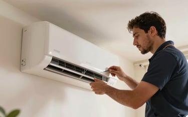 Professional photography of a technician in a modern Mexican residence, performing maintenance on a sleek white air conditioning system. The background shows a high-quality interior with warm off-white beige walls. Natural light floods the scene.