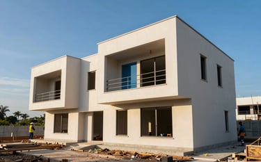 Wide angle photography of a modern residential construction project in the Yucatán Peninsula. The building features clean architectural lines under a bright blue sky. Professional workers are seen in the distance near concrete structures. Colors include warm off-white beige and muted steel blue accents.