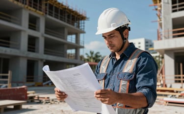 A professional construction manager in North American / Mexican / Yucatán attire, wearing a white helmet, reviewing blueprints at a bright construction site. Modern buildings are visible in the background under a clear sky. High-contrast lighting with dark charcoal blue tones.