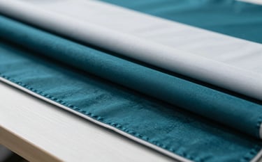 A close-up photograph of high-performance technical fabrics for all-weather tents. The lighting is bright and modern, emphasizing the weave and premium finish of the material in shades of deep teal and mist white. Global / Western professional factory setting.