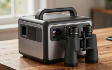 A sharp, detailed photograph of a portable power station and high-end binoculars on a wooden table. Natural light from a window highlights the sleek metallic surfaces and robust design. Global / Western lifestyle context.