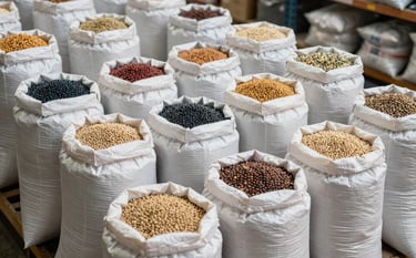 Clean, orderly warehouse interior in India showing stacks of white woven sacks containing assorted pulses and grains, ready for international shipment.